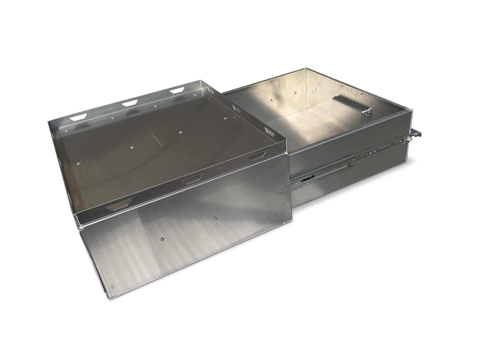 Platinum 4wd Canopy Cargo Drawer With Tie Down Base Extended To Show Internal Pan Behind Leaver Bar