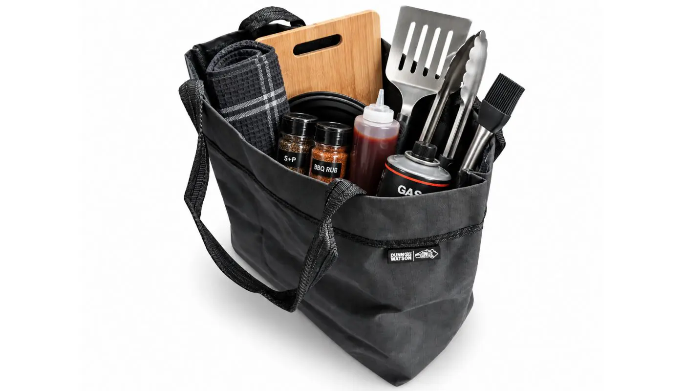 Camp Beach Bag And Bbq Or Shower Caddy Kit Setup For Bbq