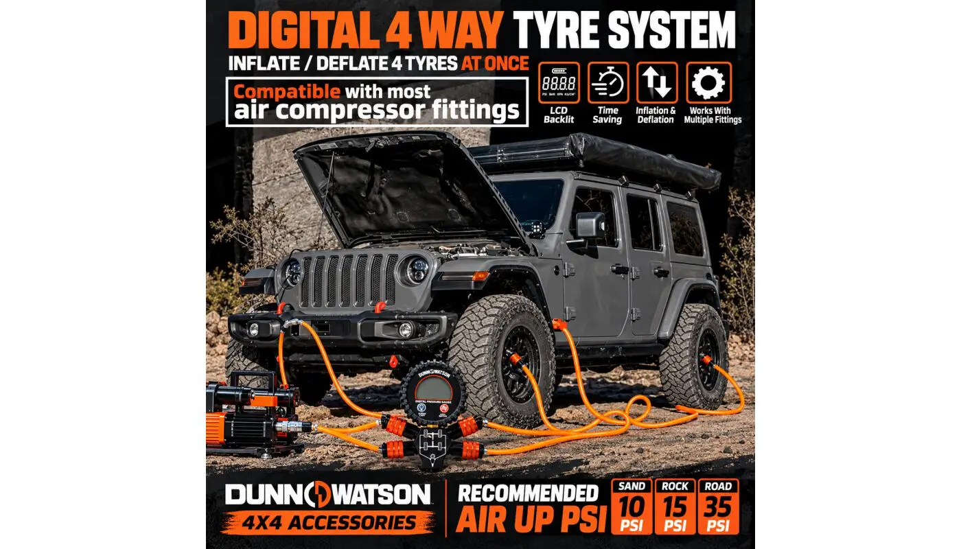 4 Tyre Inflation Deflation Kit – Dunn & Watson 4WD Digital Air Compressor Hose System - 4