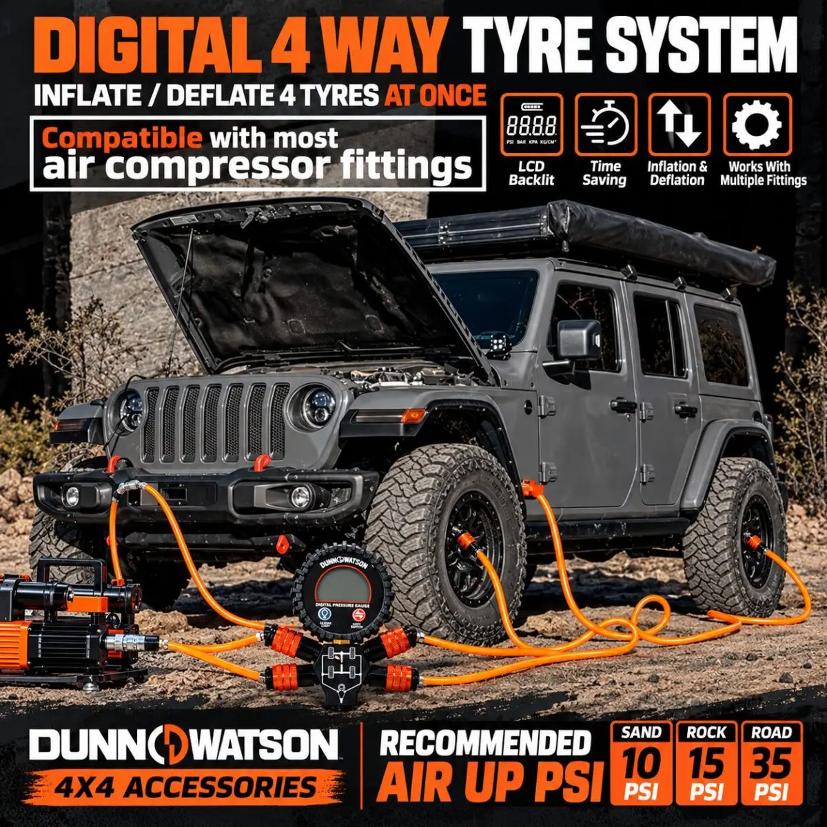 4 Tyre Inflation Deflation Kit – Dunn & Watson 4WD Digital Air Compressor Hose System - 4