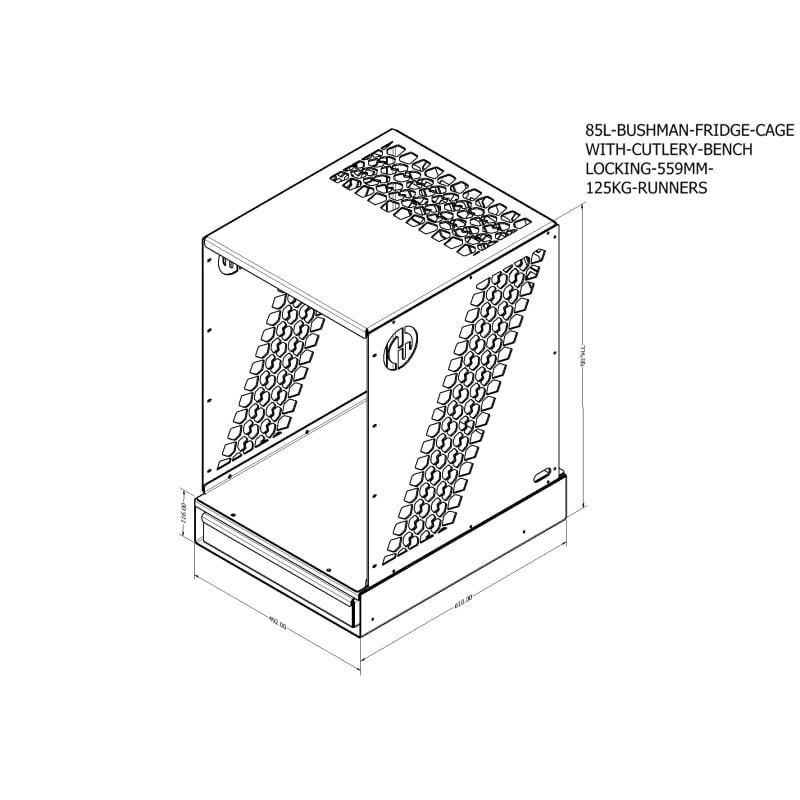 130L BUSHMAN FRIDGE CAGE WITH CUTLERY BENCH DIMENSION