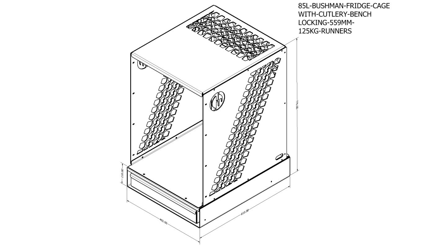 Bushman Upright Fridge Cage + Pullout Bench with Cutlery Drawer - 1