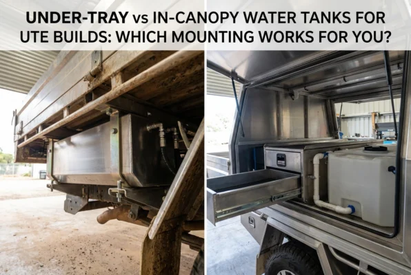 Professional header image for comparison analysis: Under-Tray vs In-Canopy Water Tanks for Ute Builds: Which...