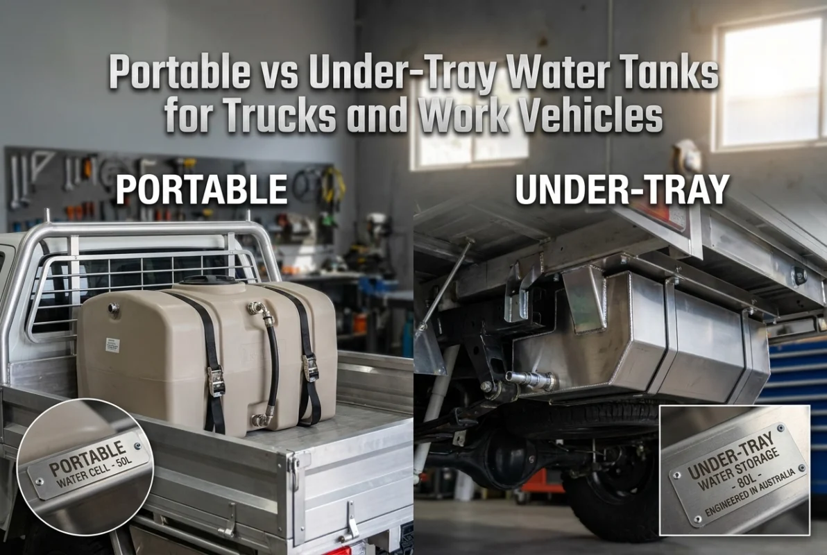 Professional header image for comparison analysis: Portable vs Under-Tray Water Tanks for Trucks and Work Ve...