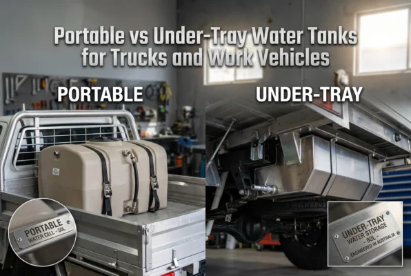 Professional header image for comparison analysis: Portable vs Under-Tray Water Tanks for Trucks and Work Ve...