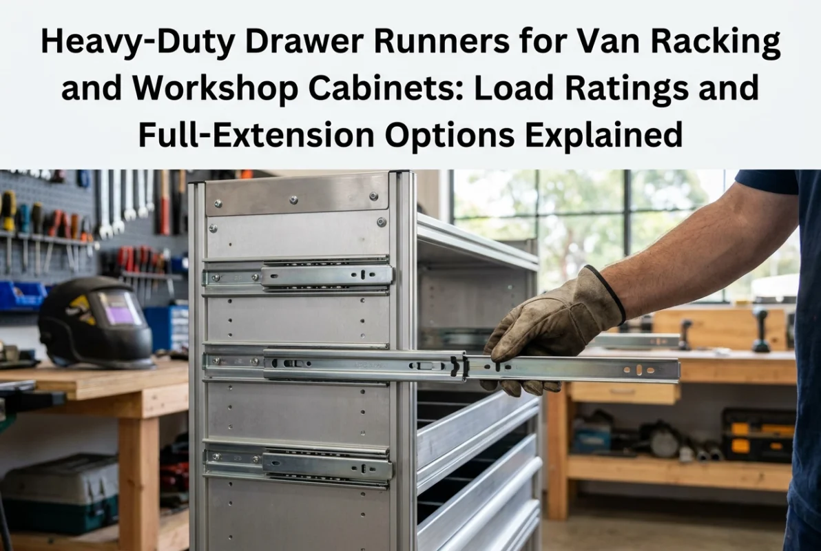 Professional header image for educational tutorial: Heavy-Duty Drawer Runners for Van Racking and Workshop Ca...